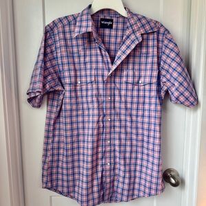 Wrangler Men’s Plaid Western Pearl Snap Shirt Short Sleeve Pink Blue Size Large